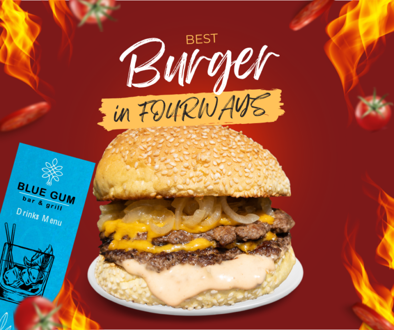 The double cheese burger classified as the best burger in fourways. Available at The Blue Gum Bar and Grill